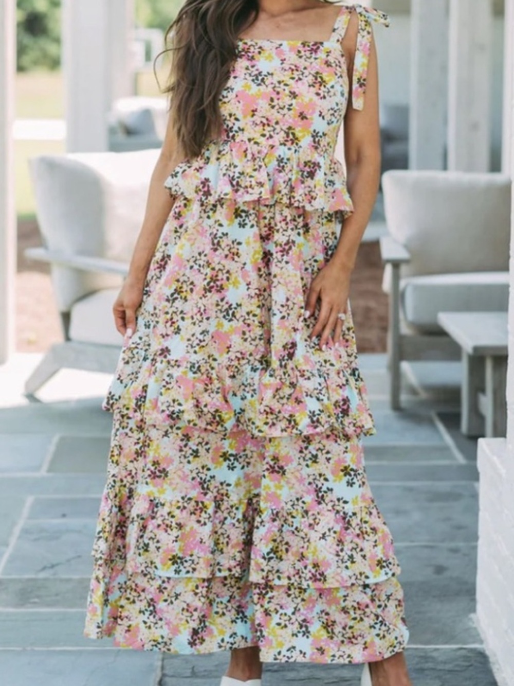 Fate Pink, Yellow & Blue Floral Tie-Shoulder Tiered Maxi Dress